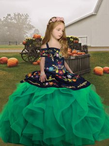 Fantastic Straps Sleeveless Tulle Girls Pageant Dresses Embroidery and Ruffles Lace Up