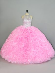 Baby Pink Ball Gowns Organza Halter Top Sleeveless Beading and Ruffles Floor Length Lace Up 15 Quinceanera Dress