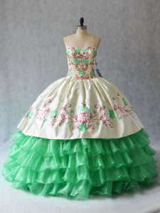 Decent Floor Length Apple Green Sweet 16 Dress Organza Sleeveless Embroidery and Ruffled Layers