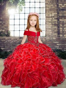 Straps Sleeveless Organza Girls Pageant Dresses Beading and Ruffles Lace Up
