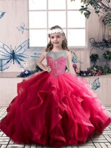 Adorable Coral Red Tulle Lace Up Child Pageant Dress Sleeveless Floor Length Beading and Ruffles