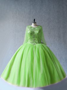 Stunning Scoop Long Sleeves Tulle Quinceanera Gown Beading Lace Up