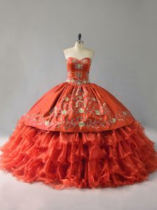 Floor Length Lace Up Quince Ball Gowns Orange Red for Sweet 16 and Quinceanera with Embroidery and Ruffles