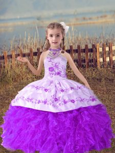 Lavender Lace Up Halter Top Beading and Embroidery and Ruffles Kids Pageant Dress Organza Sleeveless