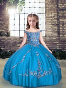 Gorgeous Off The Shoulder Sleeveless Kids Formal Wear Floor Length Beading and Appliques Aqua Blue Tulle