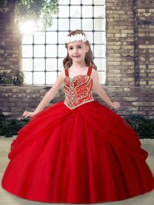 Graceful Floor Length Lace Up Little Girl Pageant Gowns Red for Party and Sweet 16 and Wedding Party with Beading