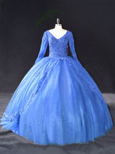 High Class Blue Ball Gown Prom Dress Sweet 16 and Quinceanera with Lace and Appliques V-neck Long Sleeves Lace Up