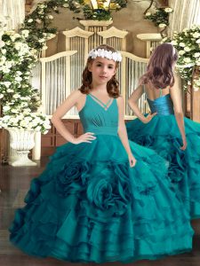 New Arrival Teal Zipper Pageant Gowns For Girls Ruffled Layers and Hand Made Flower Sleeveless Floor Length
