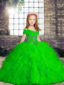 Custom Made Green Tulle Lace Up Straps Sleeveless Floor Length Pageant Dress Toddler Beading and Ruffles