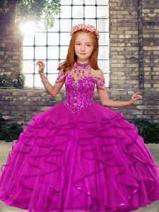 High-neck Sleeveless Little Girls Pageant Dress Wholesale Floor Length Beading and Ruffles Fuchsia Tulle