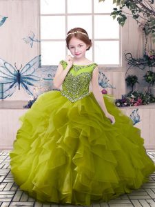Scoop Sleeveless Little Girls Pageant Dress Wholesale Floor Length Beading and Ruffles Olive Green Organza