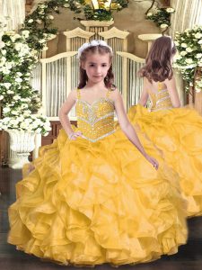 Gold Kids Formal Wear Party and Sweet 16 and Wedding Party with Beading and Ruffles Straps Sleeveless Lace Up