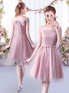Knee Length Pink Dama Dress for Quinceanera Tulle Sleeveless Belt