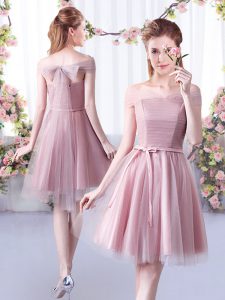 Knee Length Pink Dama Dress for Quinceanera Tulle Sleeveless Belt