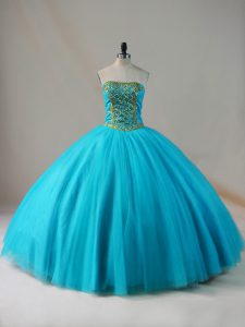 Sleeveless Floor Length Beading Lace Up 15 Quinceanera Dress with Blue