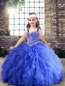 Beautiful Straps Sleeveless Child Pageant Dress Floor Length Beading and Ruffles Blue Tulle