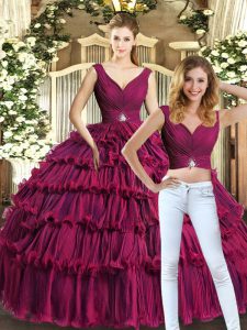 Dazzling Organza V-neck Sleeveless Backless Beading and Ruffled Layers Quinceanera Dress in Burgundy