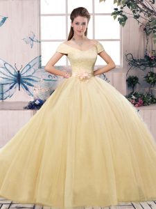Best Off The Shoulder Short Sleeves Lace Up Sweet 16 Dresses Champagne Tulle