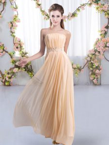 Peach Quinceanera Court of Honor Dress Wedding Party with Beading Strapless Sleeveless Sweep Train Lace Up