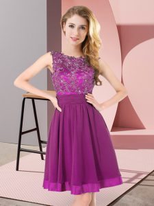 Eye-catching Purple Empire Chiffon Scoop Sleeveless Beading and Appliques Mini Length Backless Vestidos de Damas