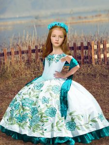 Glorious White Lace Up Off The Shoulder Embroidery Little Girls Pageant Gowns Satin Sleeveless