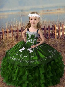 Sleeveless Lace Up Floor Length Embroidery and Ruffled Layers Kids Pageant Dress
