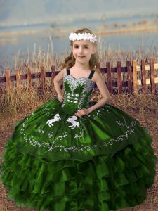 Sleeveless Lace Up Floor Length Embroidery and Ruffled Layers Kids Pageant Dress