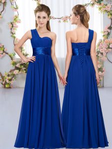 Graceful Sleeveless Floor Length Belt Lace Up Vestidos de Damas with Royal Blue