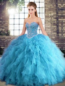 Floor Length Lace Up 15th Birthday Dress Aqua Blue for Military Ball and Sweet 16 and Quinceanera with Beading and Ruffles