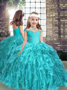 Best Aqua Blue Lace Up Straps Beading and Ruffles Kids Pageant Dress Organza Sleeveless