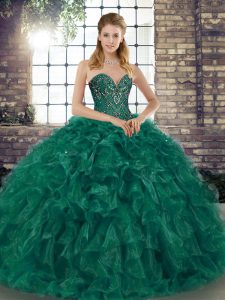 Sleeveless Organza Floor Length Lace Up Sweet 16 Dresses in Green with Beading and Ruffles