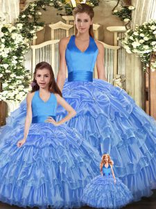 New Arrival Sleeveless Floor Length Ruffles and Pick Ups Lace Up Ball Gown Prom Dress with Baby Blue