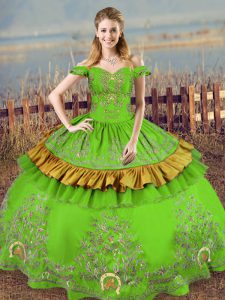 Affordable Green Off The Shoulder Lace Up Embroidery Quinceanera Dresses Sleeveless
