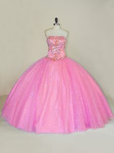 Classical Pink Sleeveless Beading Floor Length Quince Ball Gowns