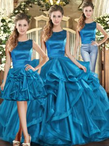 Ruffles Vestidos de Quinceanera Teal Lace Up Sleeveless Floor Length