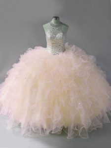 Halter Top Sleeveless Tulle Quinceanera Gown Beading and Ruffles Lace Up