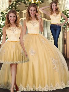 Three Pieces Quinceanera Dresses Gold Scoop Tulle Sleeveless Floor Length Clasp Handle