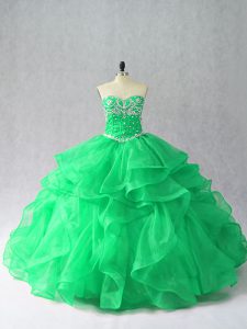 Luxury Green Organza Lace Up Sweetheart Sleeveless Floor Length Quinceanera Dresses Beading and Ruffles