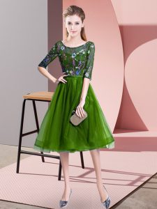 Dynamic Green Tulle Lace Up Dama Dress Half Sleeves Knee Length Embroidery