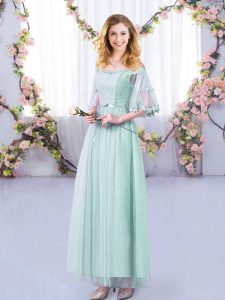 Charming Empire Vestidos de Damas Light Blue Off The Shoulder Tulle Half Sleeves Floor Length Side Zipper