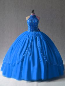 Beading and Appliques Sweet 16 Dress Royal Blue Side Zipper Sleeveless Floor Length