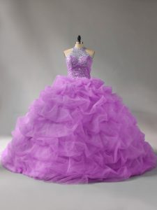 Lilac Halter Top Lace Up Beading and Pick Ups Sweet 16 Quinceanera Dress Court Train Sleeveless
