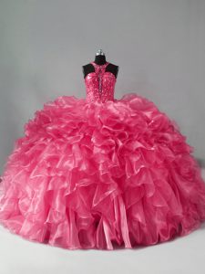 Halter Top Sleeveless Quinceanera Gowns Beading and Ruffles Hot Pink Organza