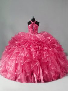 Halter Top Sleeveless Quinceanera Gowns Beading and Ruffles Hot Pink Organza