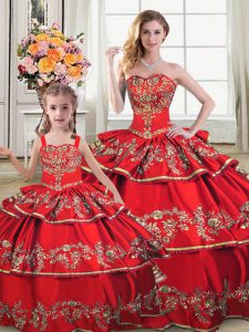 Sleeveless Floor Length Embroidery and Ruffled Layers Lace Up 15 Quinceanera Dress with Red