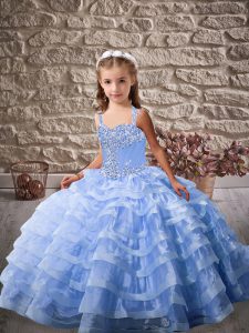 Sleeveless Brush Train Beading and Ruffled Layers Lace Up High School Pageant Dress