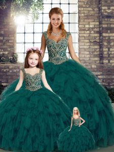 Peacock Green Ball Gowns Organza Straps Sleeveless Beading and Ruffles Floor Length Lace Up Quinceanera Dress