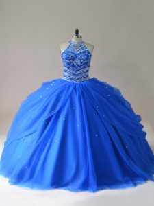 Romantic Royal Blue Halter Top Neckline Beading Ball Gown Prom Dress Sleeveless Lace Up