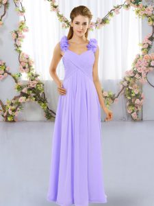 Customized Lavender Sleeveless Floor Length Hand Made Flower Lace Up Quinceanera Court Dresses