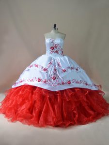 Excellent White And Red Sleeveless Court Train Embroidery Vestidos de Quinceanera